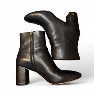 Tory Burch Womens Black Leather Ankle Boots Size 10 Block Heel Gold Logo